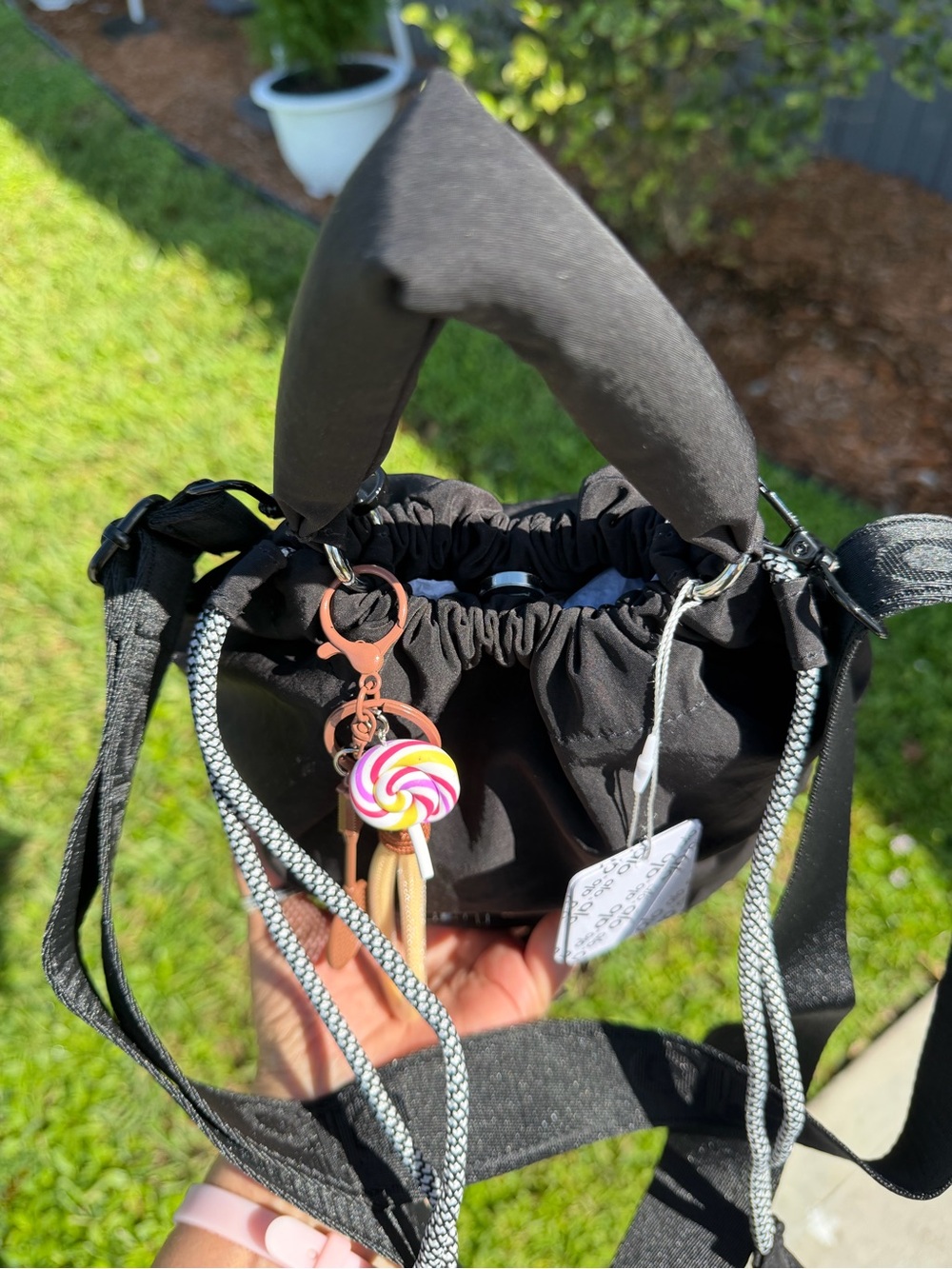 ALO Yoga Black Drawstring Mini Bucket Bag with Candy Charm - Picture 12 of 16